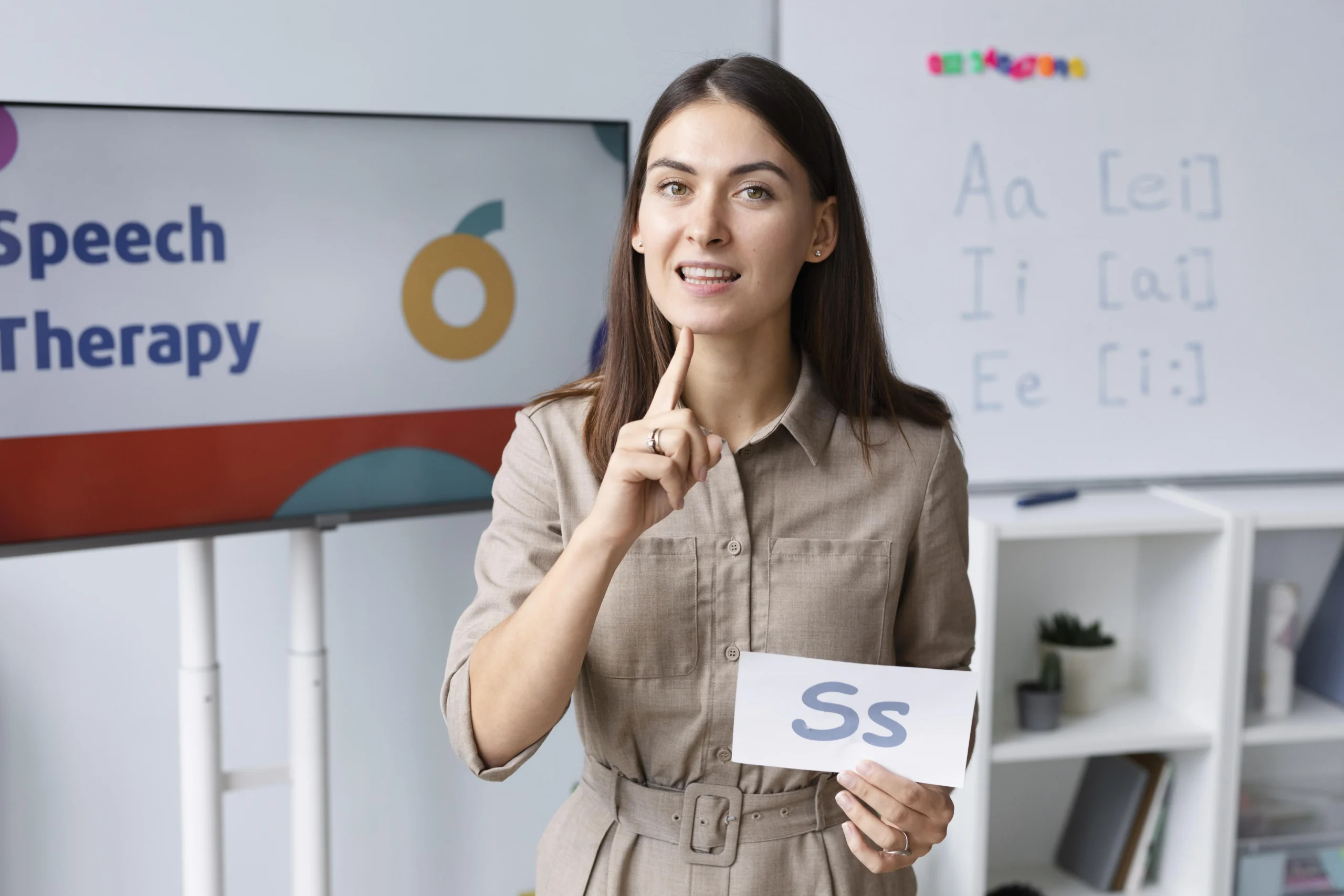 young woman doing speech therapy kids
