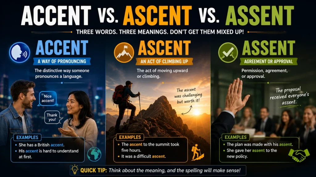Accent vs. Ascent vs. Assent
